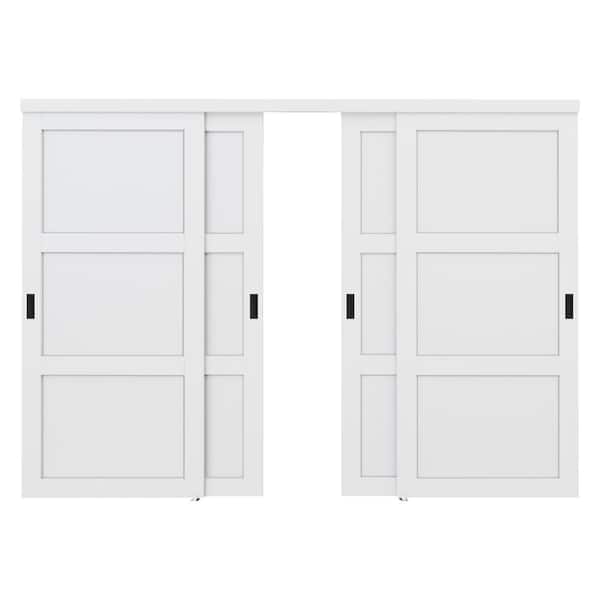 120 in. x 96 in. Paneled 3-Lite Blank Pattern White Primed MDF Sliding Door with Hardware and Black Handles
