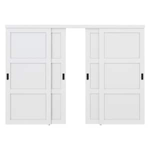 120 in. x 80 in. Paneled 3-Lite Blank Pattern White Primed MDF Sliding Door with Hardware and Black Handles