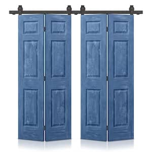 48 in. x 80 in. Vintage Blue Stain 6 Panel MDF Double Hollow Core Bi-Fold Barn Door with Sliding Hardware Kit