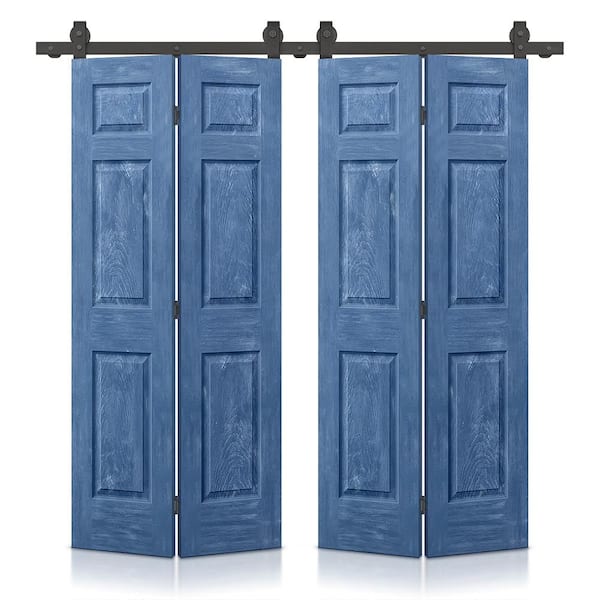 CALHOME 60 in. x 80 in. Vintage Blue Stain 6 Panel MDF Double Hollow Core Bi-Fold Barn Door with Sliding Hardware Kit
