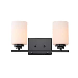 Aliana 14 in. 2-Light Matte Black Modern Vanity Light with Etched White Glass Shades