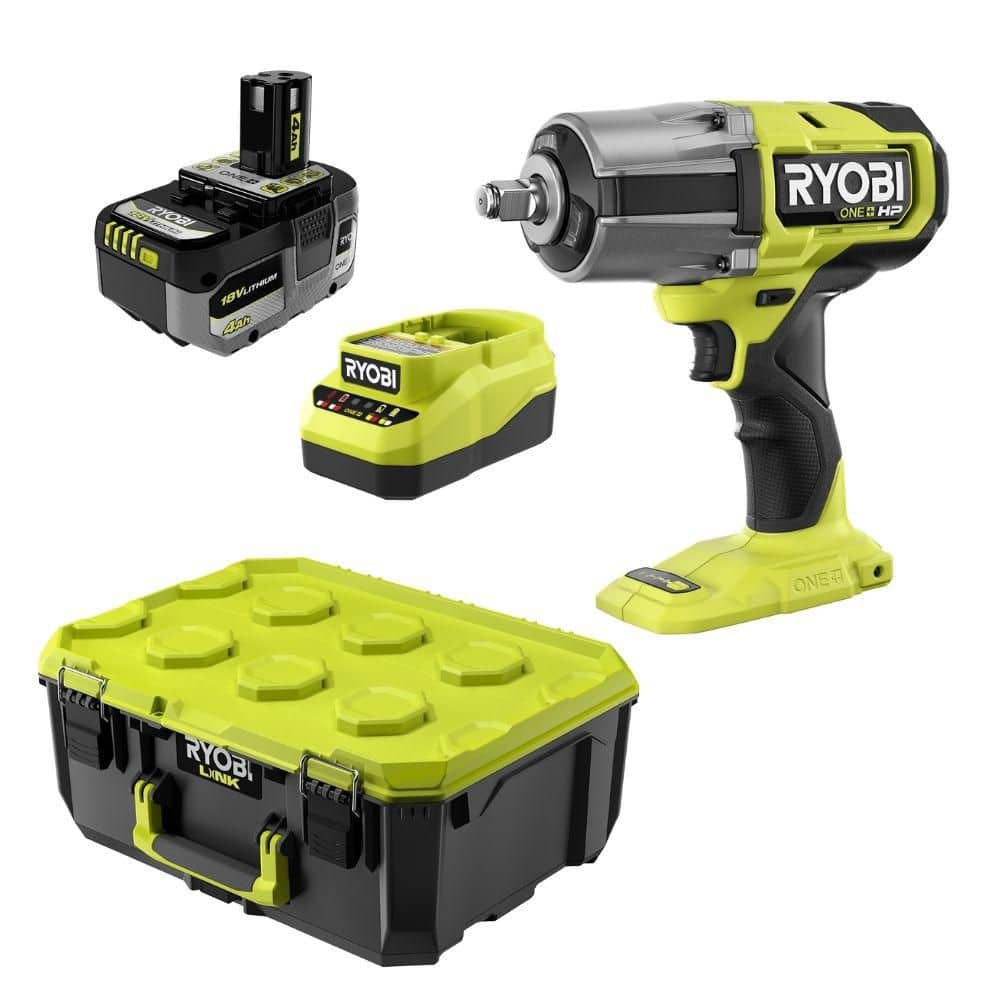 Ryobi ONE+ 18V Brushless 4-Mode 1/2 in. High Torque Impact Wrench Kit w/ 4.0 Battery & Charger w/ LINK Medium Tool Box