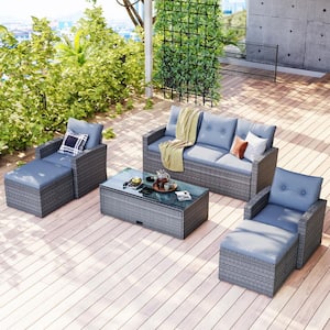 6-Piece Outdoor Patio Furniture Conversation Set, All-Weather Wicker Sectional Sofas Set with Gray Cushion