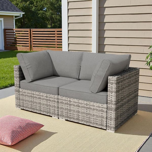 RusticRetreat 2 Pieces Wicker Patio Conversation Seating Sofa Set with Dark Grey Cushions