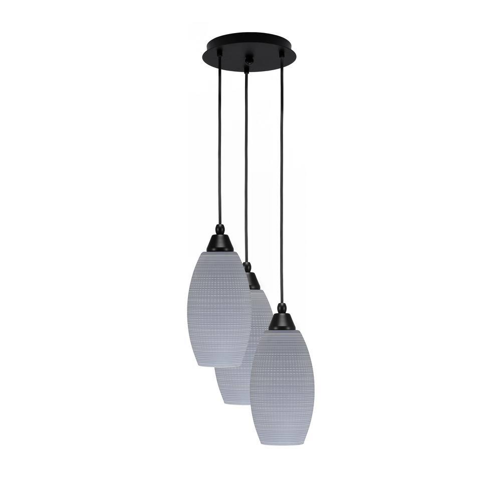 Savannah 13.25 in. 3-Light Matte Black Cord Pendant Light Gray Matrix Glass