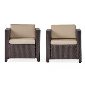 Puerta Dark Brown Wicker Outdoor Patio Club Lounge Chairs with Beige Cushions (2-Pack)