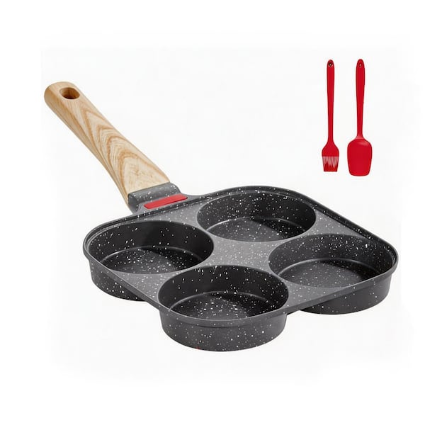 14 in. x 7 in. Aluminium Nonstick 4-Cup Egg Pan Gas, Induction Compatible Omelette Pan with Lid, Oil Brush and Scraper