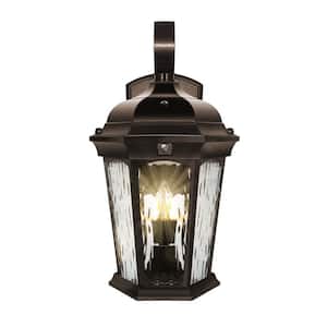 2-Light 14.6 in Bronze Motion Sensing Integrated LED Outdoor Wall Lantern Sconce with Flickering Bulb/Clear Glass