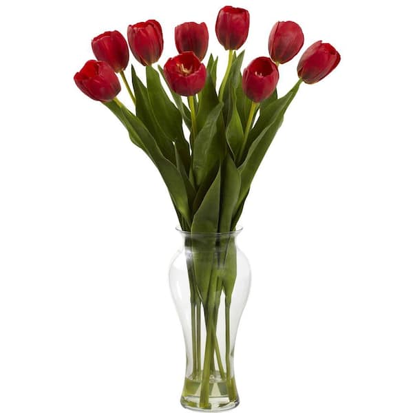 Nearly Natural 24 in. Artificial Tulips with Vase