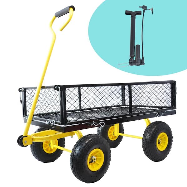 Sudzendf Black and Yellow 3.6 cu. ft. Steel Garden Cart with Removable Sides and 180-Degree Rotating Handle