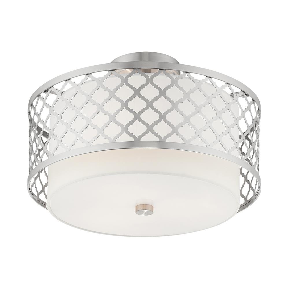 Arabesque Brushed Nickel 3-Light Semi-Flush Mount with Off-White Fabric Shade