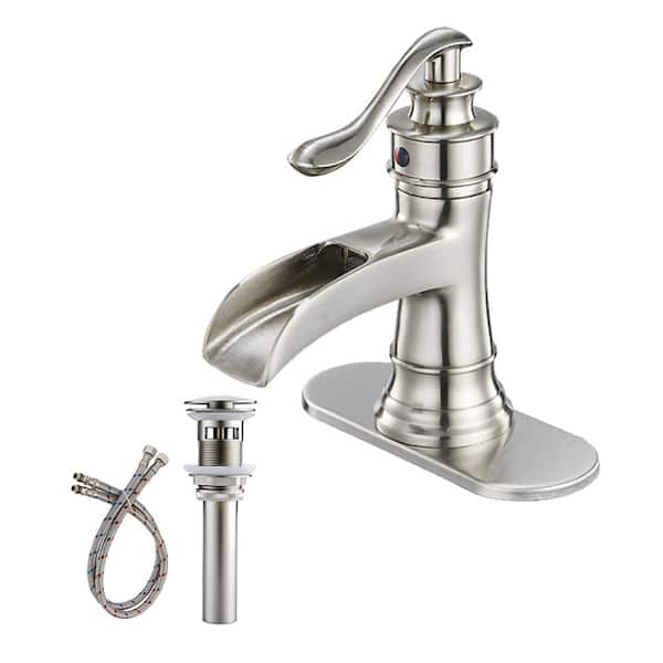 Dimakai Waterfall Single Hole Single-Handle Low-Arc Bathroom Faucet With Pop-up Drain Assembly in Brushed Nickel