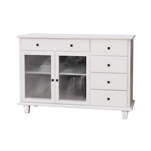 47.24 in. W x 16.9 in. D x 33.46 in. H White Linen Cabinet Super White Changhong Glass 5-Drawer 2-Door Cabinet
