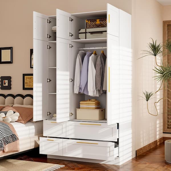FUFU&GAGA White Wood 47 in. W 6-Door Big Armoires with Mirror