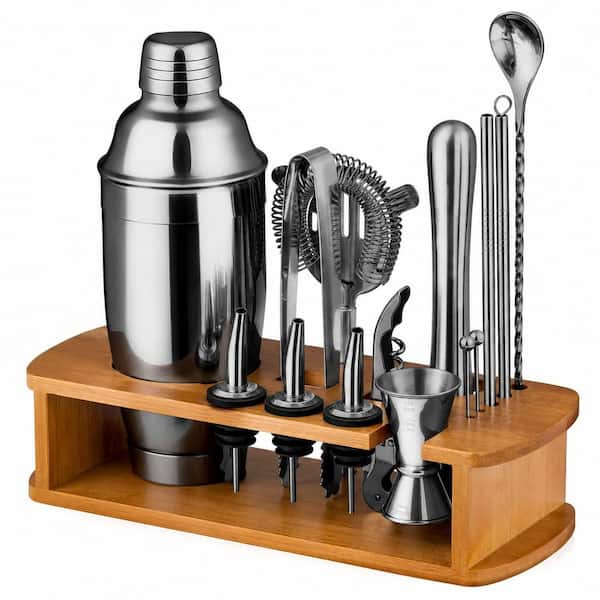 15-Piece Black Stainless Steel Cocktail Shaker Set with Stand and Essential Bar Tools