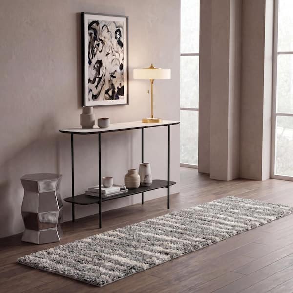 Venus Shag 2 ft. x 12 ft. Gray/Ivory Solid Color Striped Runner Rug