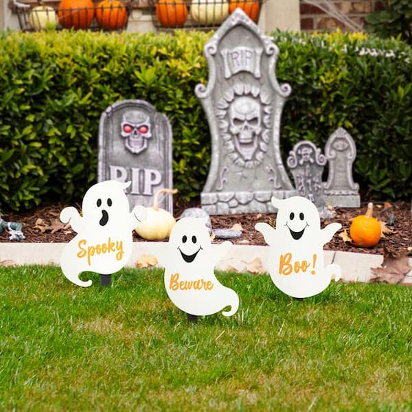Glitzhome 15 in. H Halloween Wooden Ghost Yard Stake (Set of 3 ...