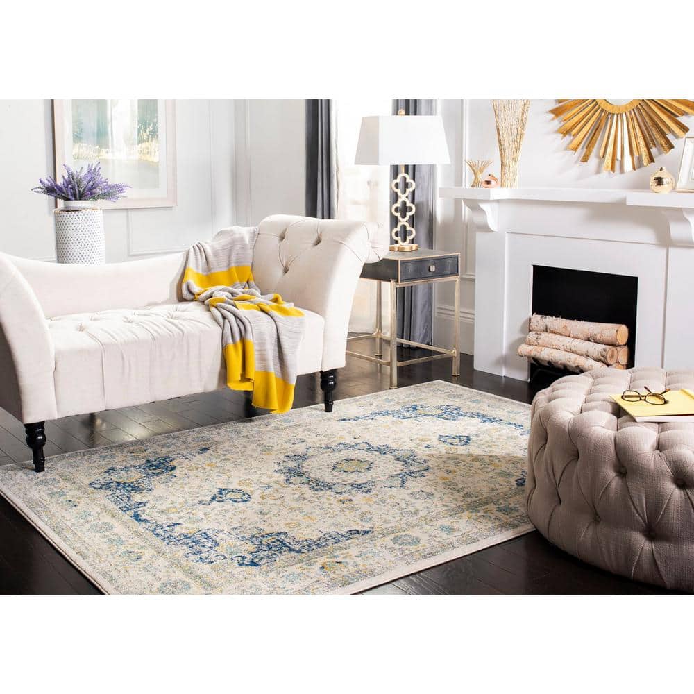 Ivory and Blue Rectangular Synthetic Easy Care Accent Rug