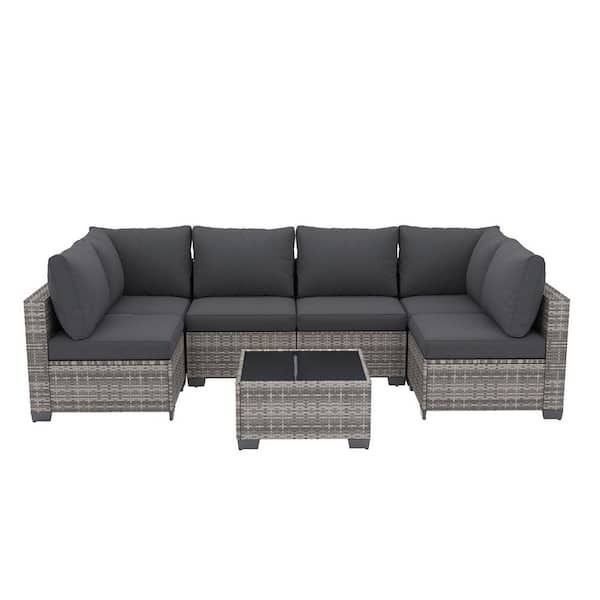 7-Piece Gray Wicker Outdoor Sofa Sectional Set Patio Conversation Set with Gray Cushions, Table