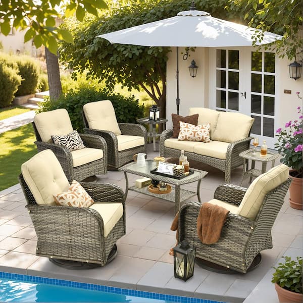Lily Gray 8-Piece Wicker Outdoor Patio Conversation Seating Set W/ Swivel Rocking Chair Coffee Table & Beige Cushion