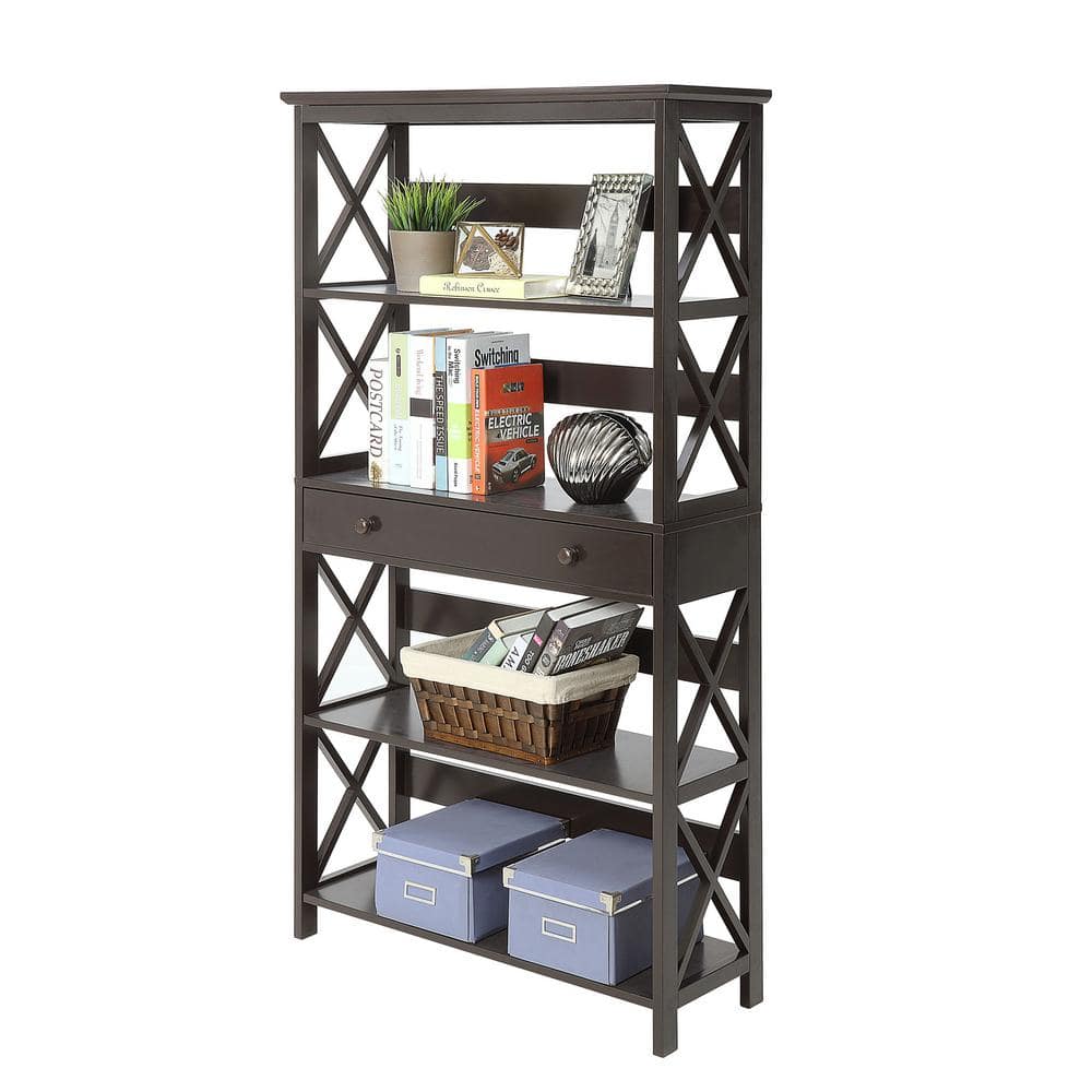 Oxford Espresso 5-Tier Wood Bookcase with Concealed Drawer
