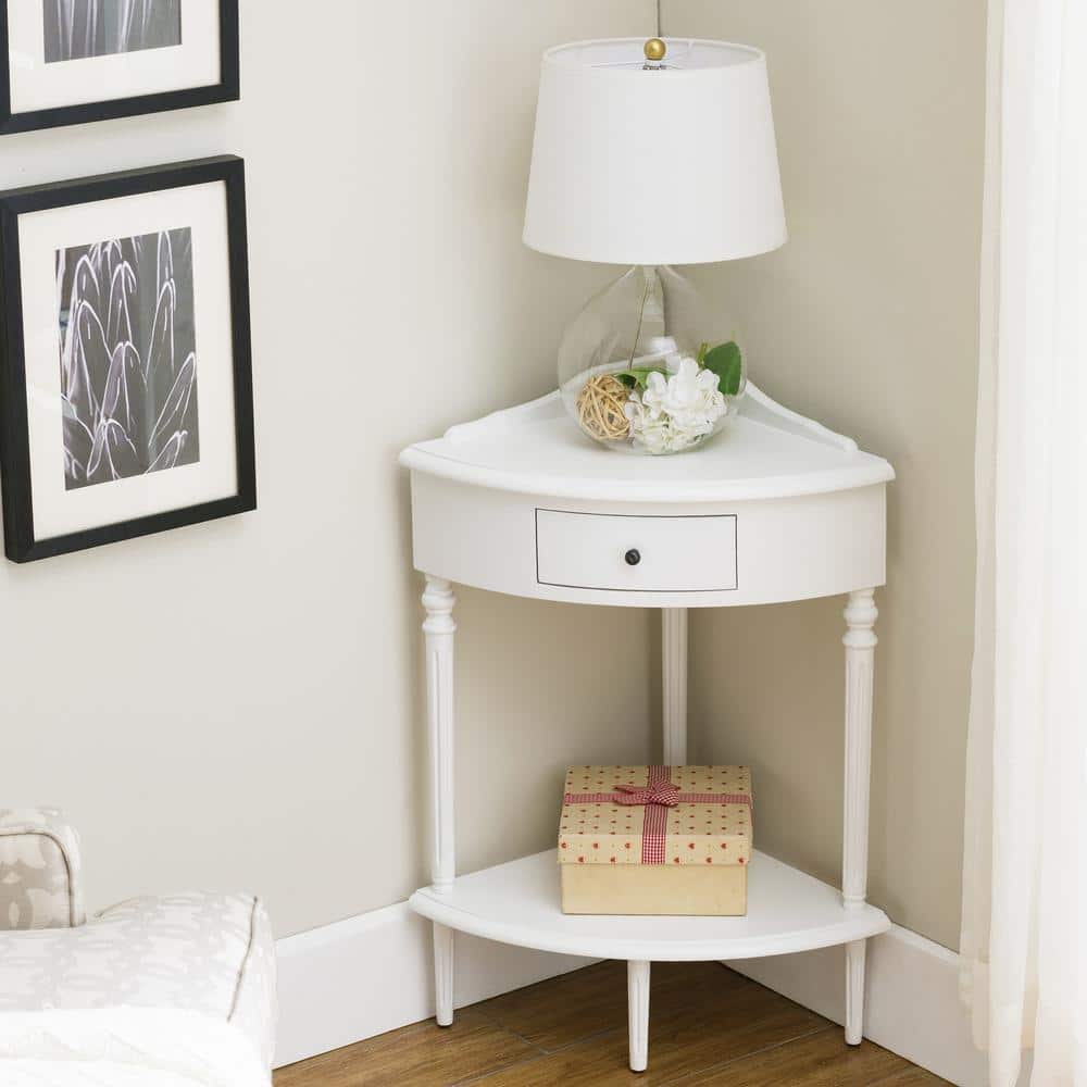 White Triangular Solid Wood Corner Table with Storage Drawer