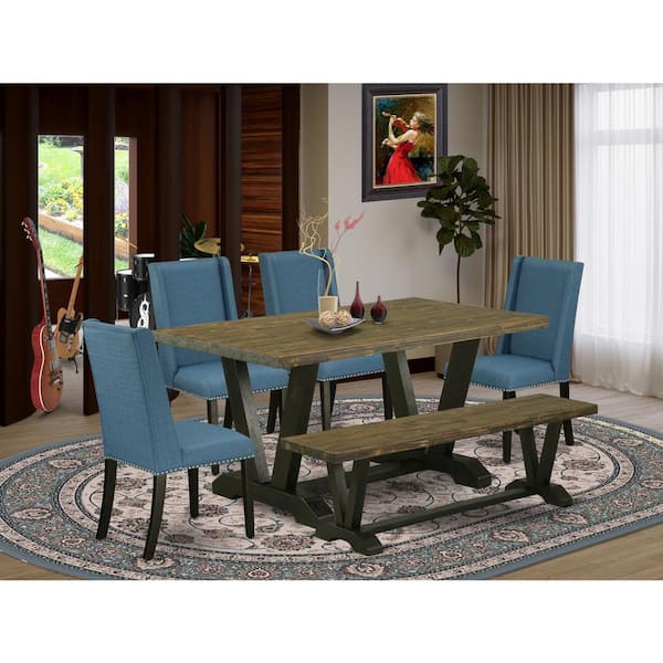 East West Furniture 6-Piece Rectangle Distressed Jacobean Finish Solid Wood Top Dining Table with 1-Bench, 4-Chairs with Lattice Back