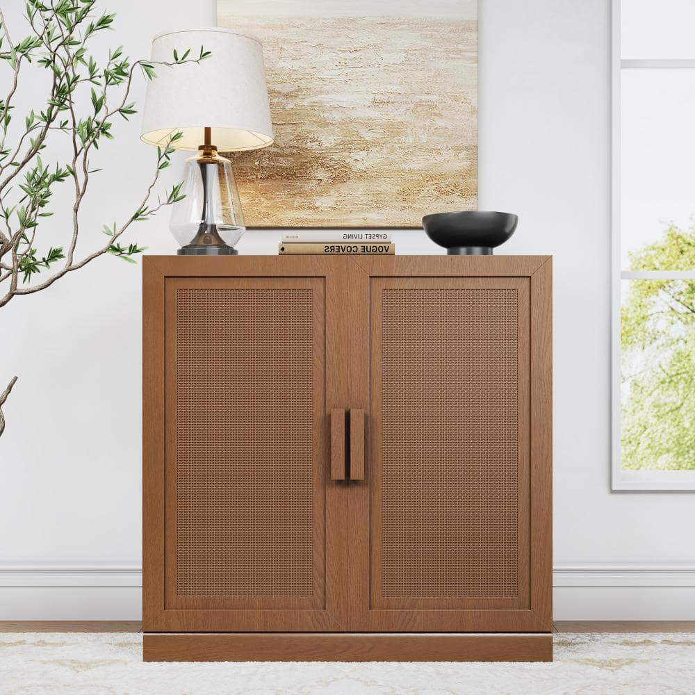 Light Walnut 31 in. H Storage Cabinet with Adjustable Shelves and Ventilated Rattan Mesh Double Doors