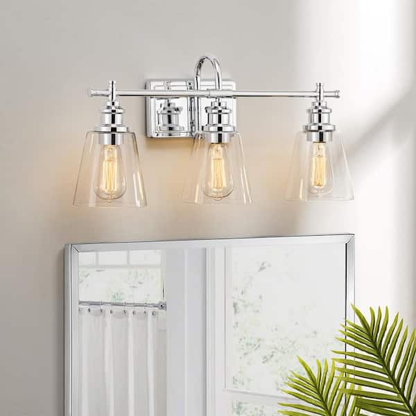 KAWOTI 24 in. 3-Light Chrome Vanity Light with Clear Glass Shade
