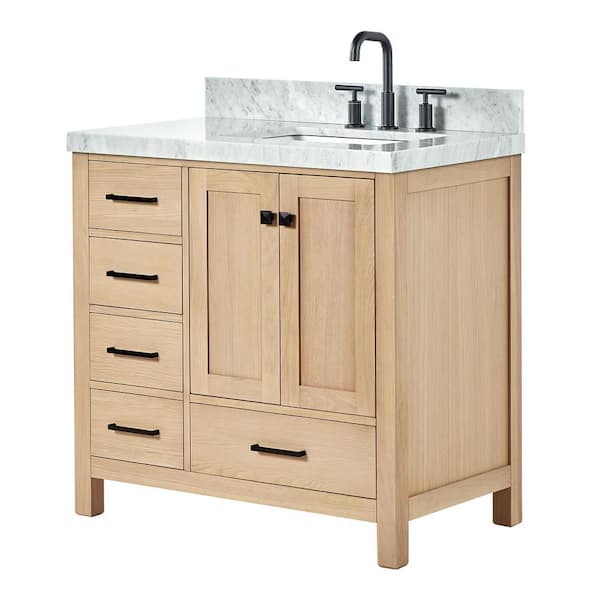 ARIEL Cambridge 36 in. W x 22 in. D x 36.5 in. H Single Freestanding Bath Vanity in Oak with Italian Carrara Marble Top