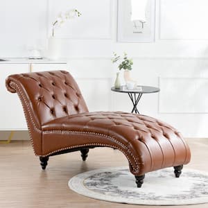 Modern Brown Faux Leather Tufted Armless Chaise Lounge with Nailhead