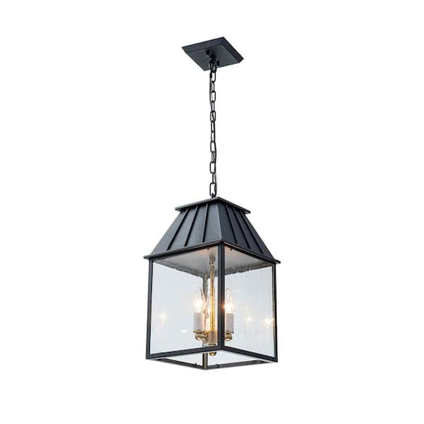 Acerbis 19.3 in. 3-Light Black/Gold Outdoor Hardwired Wall Lantern Pendant Light with Seedy Glass Shade
