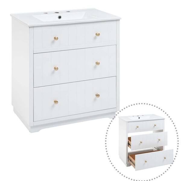 Miscool Ami 30 in. W x 18.3 in. D x 34 in. H Single Sink Bathroom Vanity In White With Ceramic Top (2 Drawers)