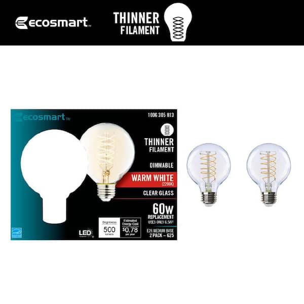 EcoSmart 60-Watt Equivalent G25 Dimmable Fine Bendy Filament LED Vintage Edison Light Bulb Warm White (2-Pack)