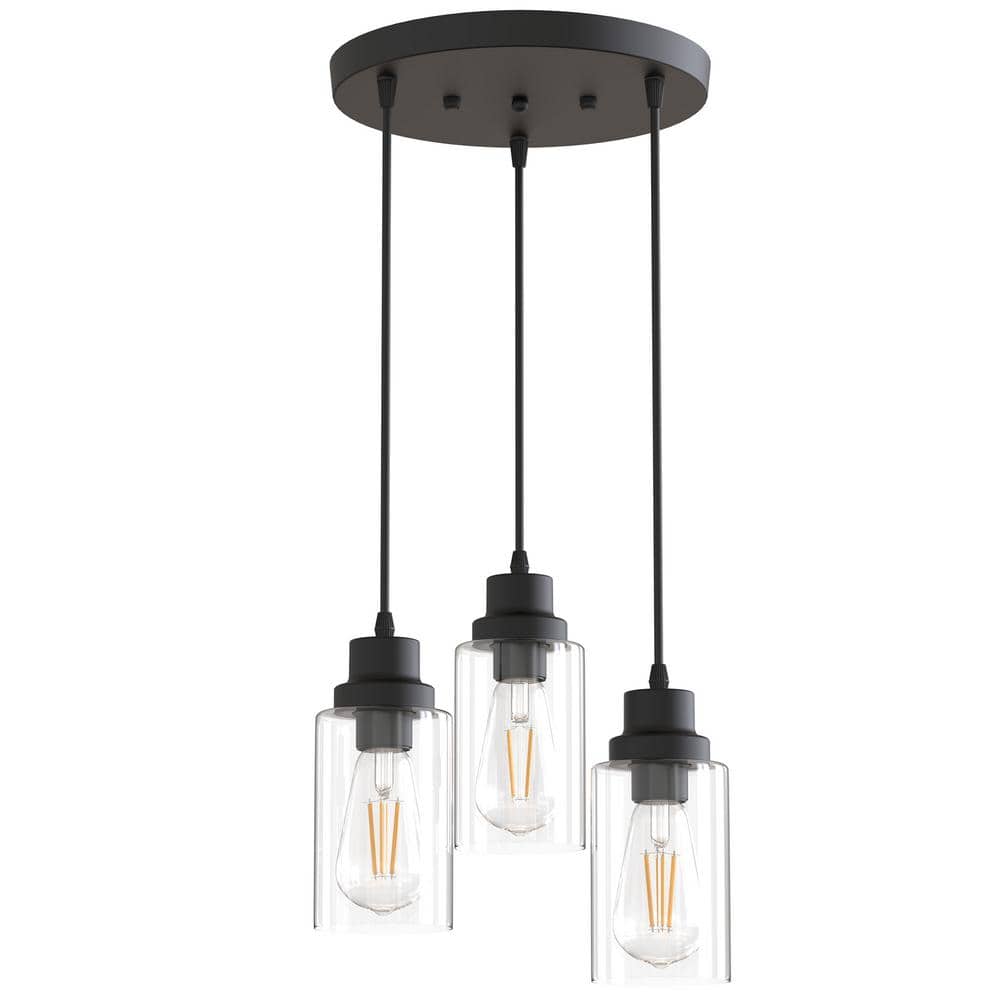 Modern Black Metal 3-Light Pendant with Clear Glass Shades