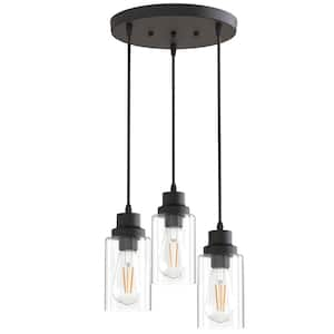 3-Light Black Chandelier Industrial Pendant Light Fixture with Clear Glass Shades for Kitchen and Dining Areas