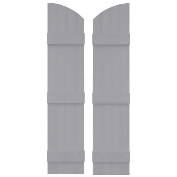 14 in. W x 81 in. H Vinyl Exterior Arch Top Joined Board and Batten Shutters Pair in Paintable