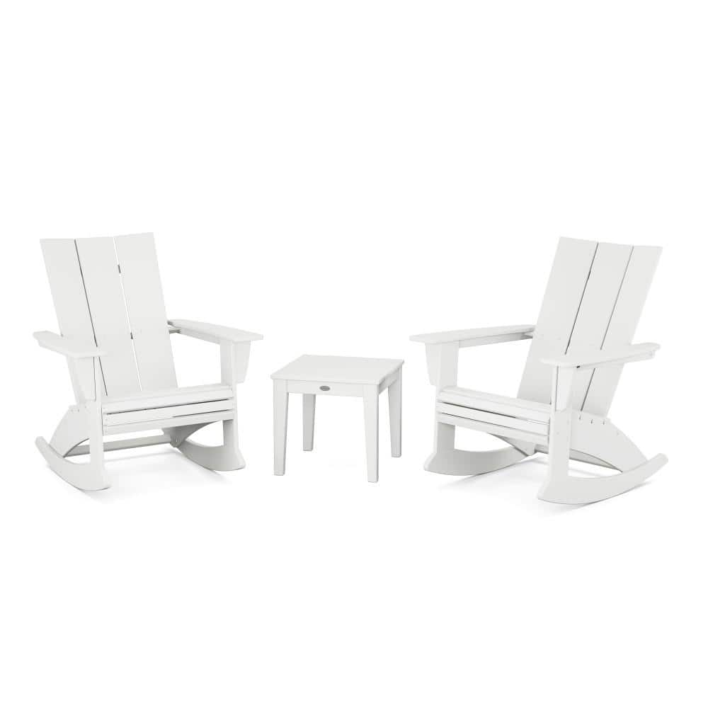 POLYWOOD Modern Curveback Adirondack Rocking Chair White 3-Piece HDPE Plastic Patio Conversation Set -  PWS2205-1-WH