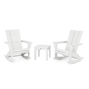 Modern Curveback Adirondack Rocking Chair White 3-Piece HDPE Plastic Patio Conversation Set