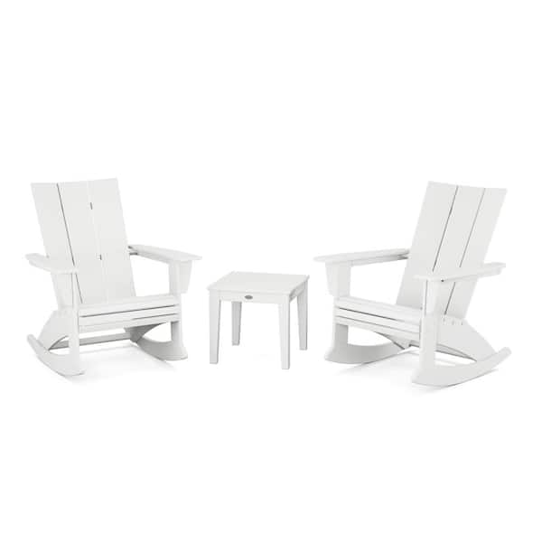 POLYWOOD Modern Curveback Adirondack Rocking Chair White 3-Piece HDPE Plastic Patio Conversation Set