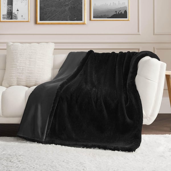 Big Fluffy Solid Faux Fur Black Reversible Plush Polyester Throw Blanket