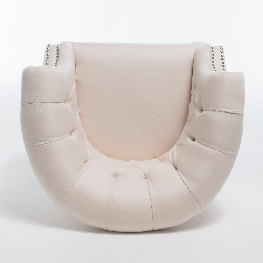 Beige Tufted Polyester Arm Chair with Wood Frame