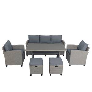 6-Piece Rattan Wicker Outdoor Set Patio Garden Sofa Chair Stools and Table with Gray Cushions