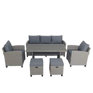 6-Piece Patio Furniture Set Outdoor Conversation Set Dining Set PE Rattan Wicker Sofa Chair Stools & Table, Gray Cushion