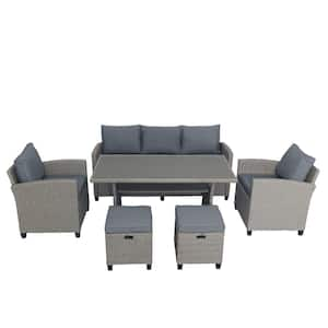 6-Piece PE Rattan Wicker Outdoor Patio Furniture Conversation Set Sectional Sofa Set with Gray Cushions