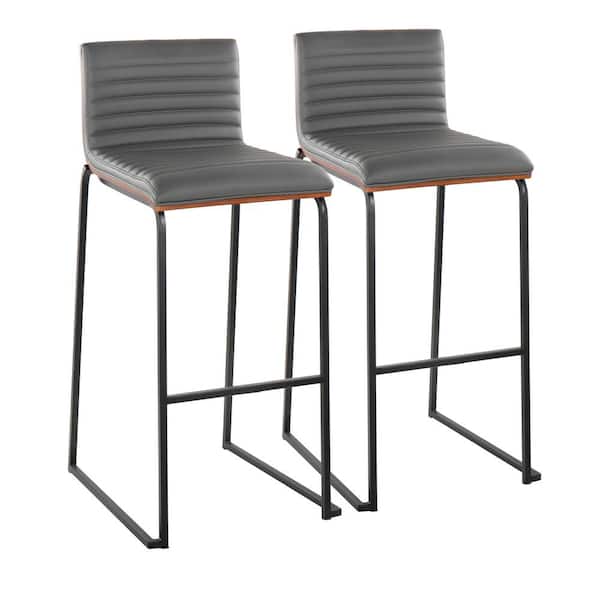 Lumisource Mason Mara 30.75 in. Grey Faux Leather and Black Metal High Back Bar Stool with Walnut Wood Seat Back (Set of 2)