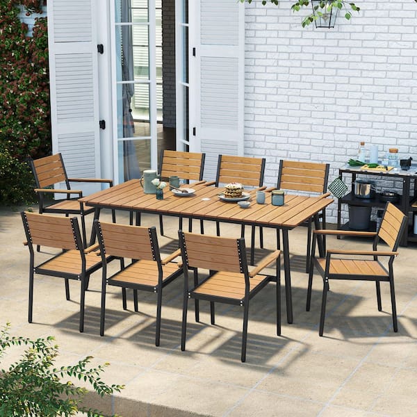 9-Piece 82.5 in. Rust-free Aluminum Wood-Like Patio Outdoor Dining Set with Umbrella Hole and Stackable Arm Chairs