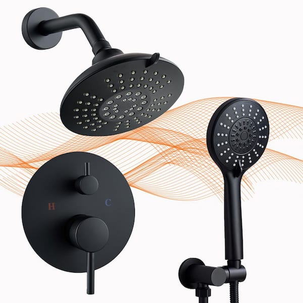 Rainfall 6-Spray Square Modern Shower System Shower Head with Handheld in Matte Black (Valve Included)
