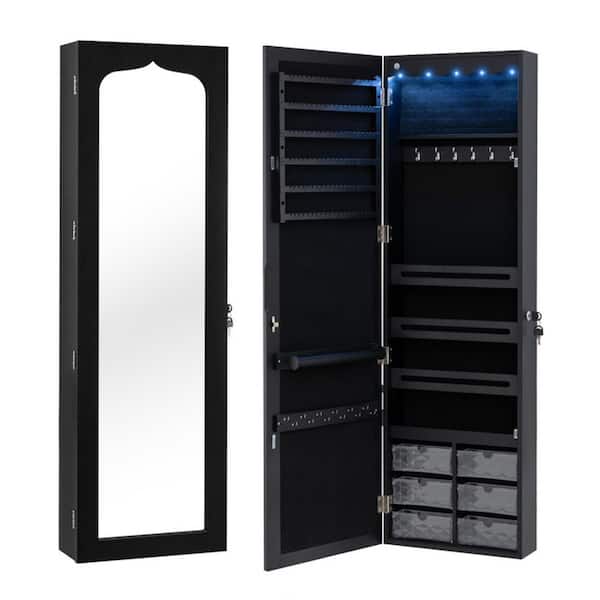 14.5 in. x 47.5 in. Black Wall-Mounted MDF Jewelry Armoire Storgae Box Organizer with Mirror and LED Lights