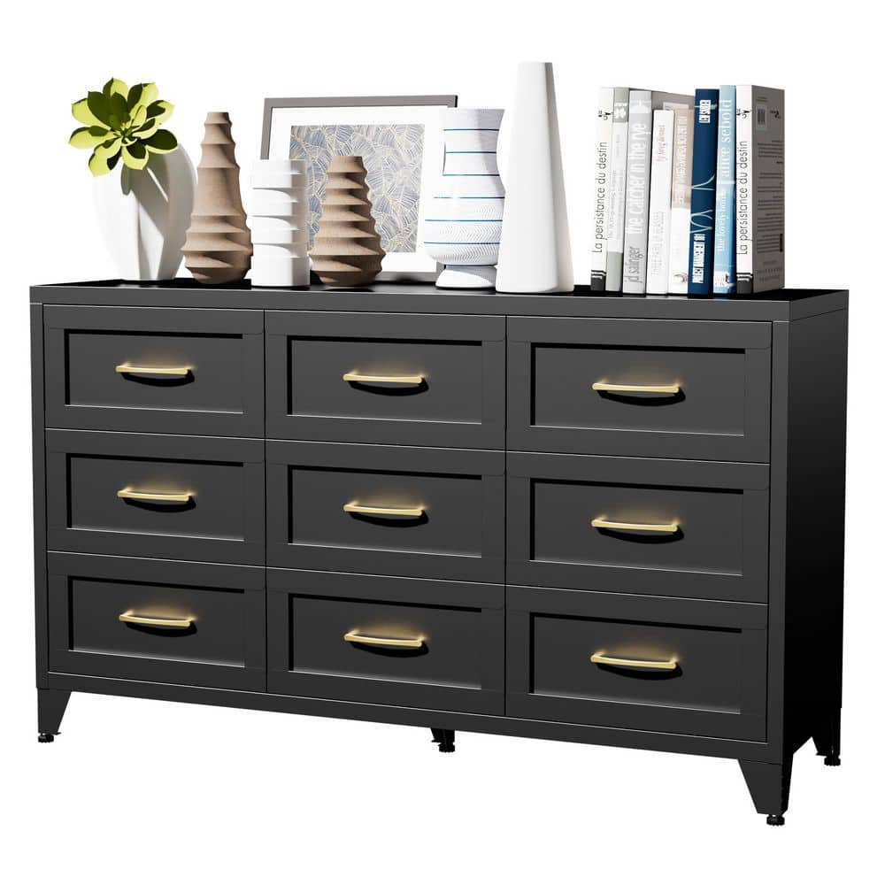 Modern Farmhouse Black 9-Drawer 52 in. Wide Dresser with Metal Frame price history on PriceWatchPro